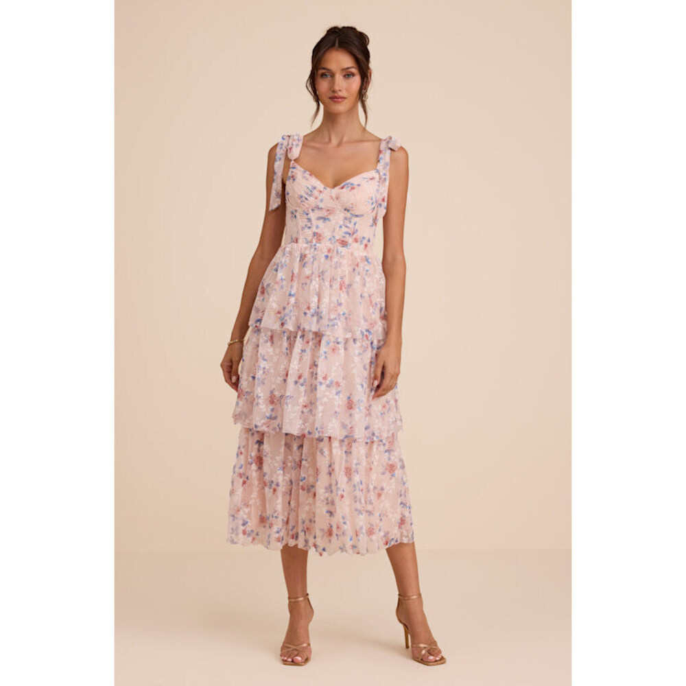 NWT Lulus Flirtatious Radiance Blush Pink Floral Mesh Bustier Midi Dress -Size L